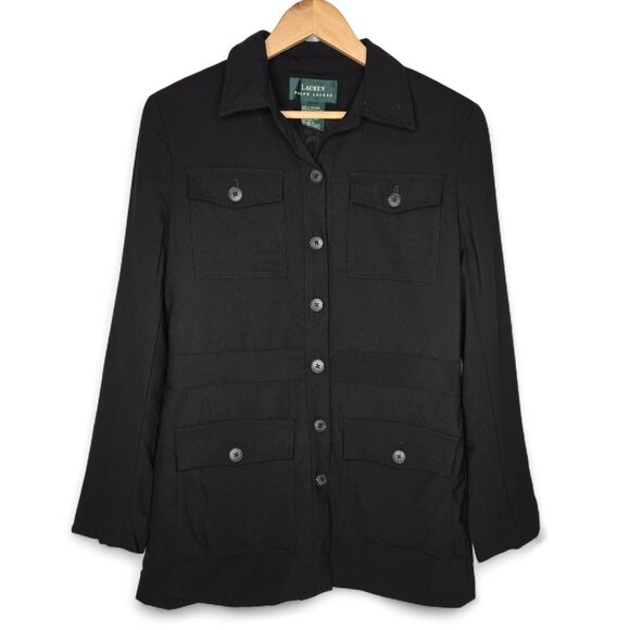 Lauren Ralph Lauren Black Utility Jacket Women's Wool Blend Flap Pocket Work 6 - Picture 1 of 7
